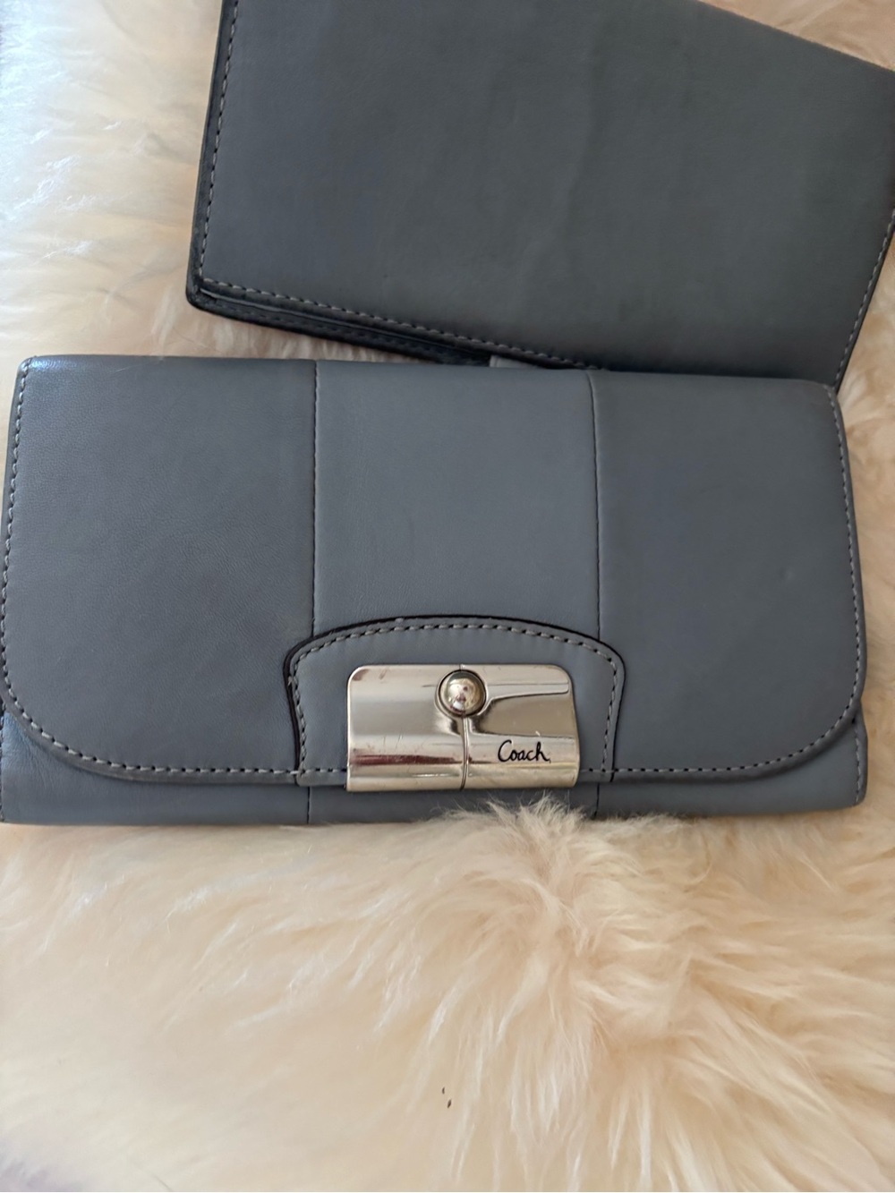 Coach Gray Leather Turnlock Wallet with Silver Hardware